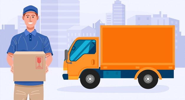 delivery service delivery man holding parcel with his truck 218660 192